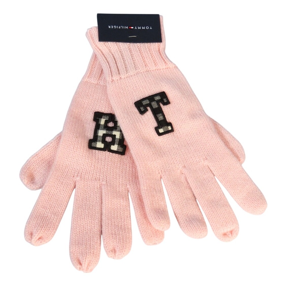 New TOMMY HILFIGER Pink Sweater Knit Gloves BLACK-WHITE PLAID TH LOGO Embroidery
